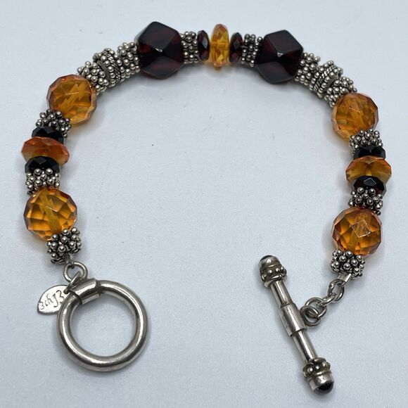 Elyie 925 Sterling Silver Signed Artisan Amber Color Glass Beaded Bracelet - Picture 4 of 8
